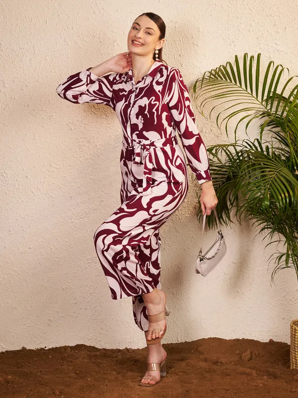 Burgundy_Abstract_Print_Long_Sleeve_Jumpsuit_For_Women