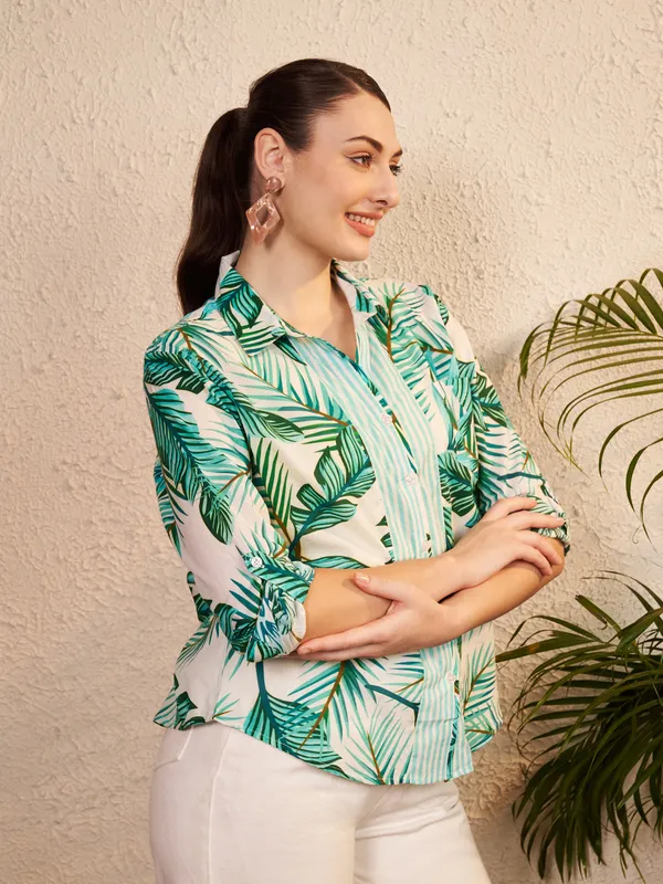 White_Green_Tropical_Print_Collared_Shirt_For_Women