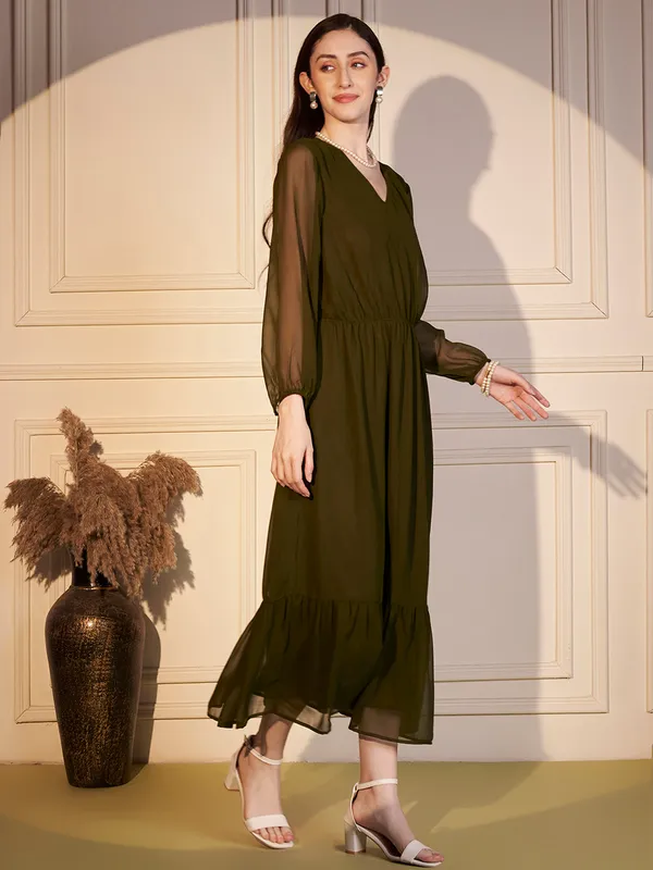 Olive_Sheer_Sleeve_Tiered_Midi_Dress_For_Women