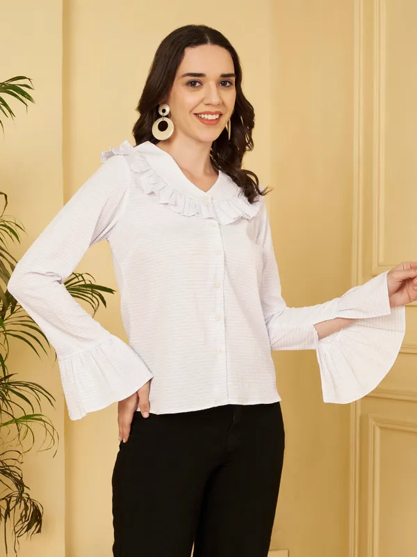 White_Ruffle_Long_Sleeve_Top_For_Women