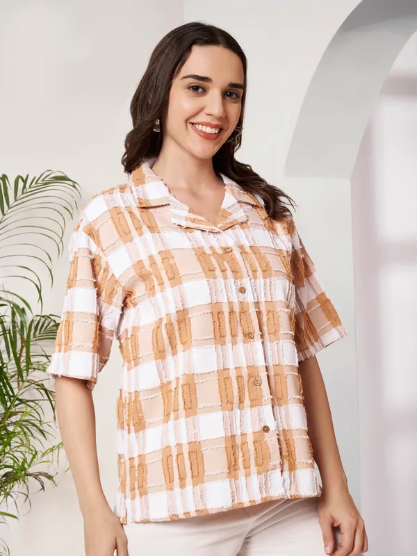 White_Orange_Check_Relaxed_Fit_Overshirt_For_Women