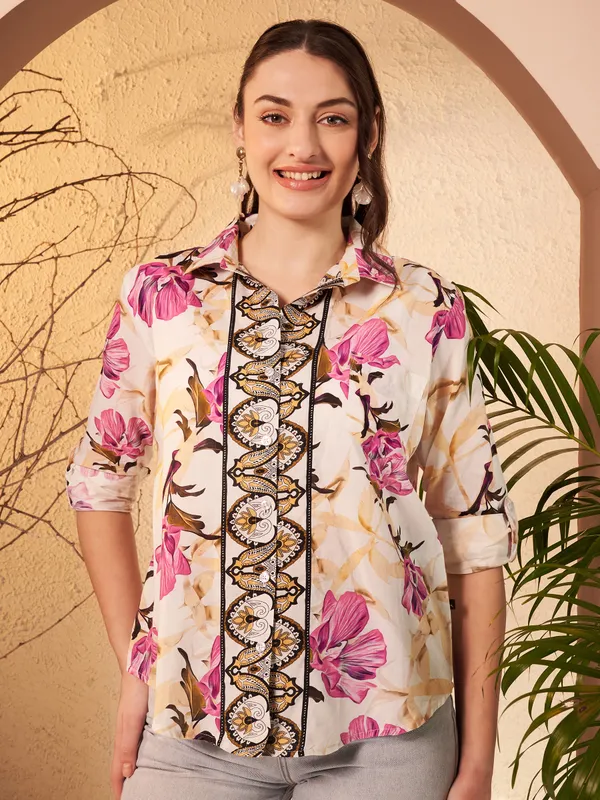 Cream_Floral_Print_Relaxed_Fit_Shirt_For_Women