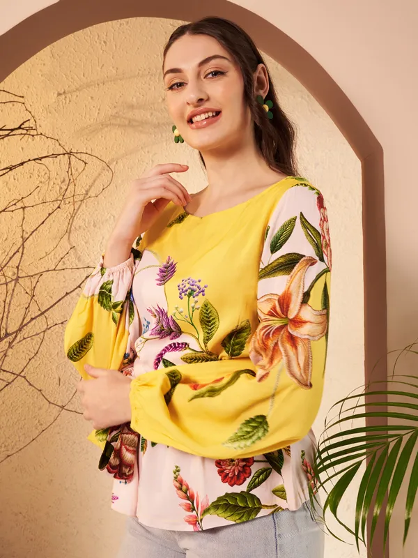 Yellow_Floral_Print_Blouse_For_Women