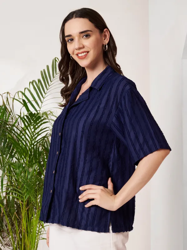 Navy_Relaxed_Fit_Button-Down_Shirt_For_Women