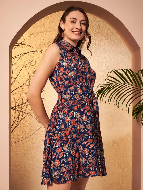 Navy_Floral_Print_Sleeveless_Shirt_Dress_For_Women