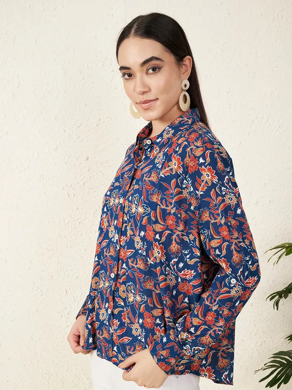 Blue_Floral_Print_Button_Down_Shirt_For_Women