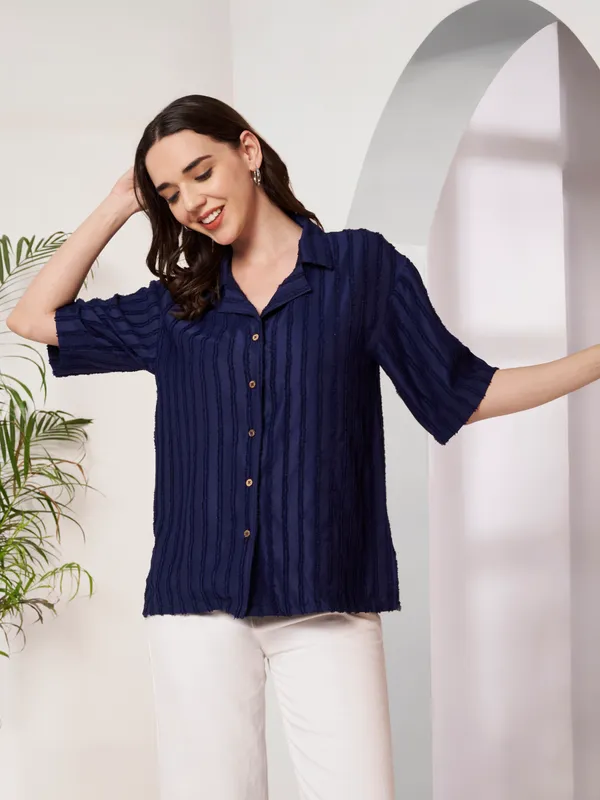 Navy_Relaxed_Fit_Button-Down_Shirt_For_Women