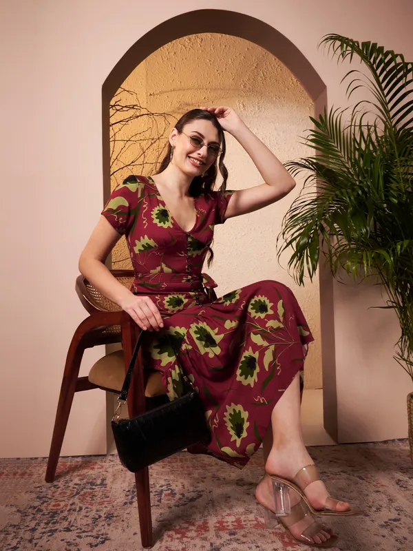 Maroon_Floral_Print_Tie_Waist_Midi_Dress_For_Women