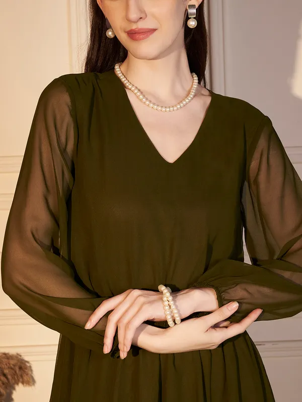 Olive_Sheer_Sleeve_Tiered_Midi_Dress_For_Women