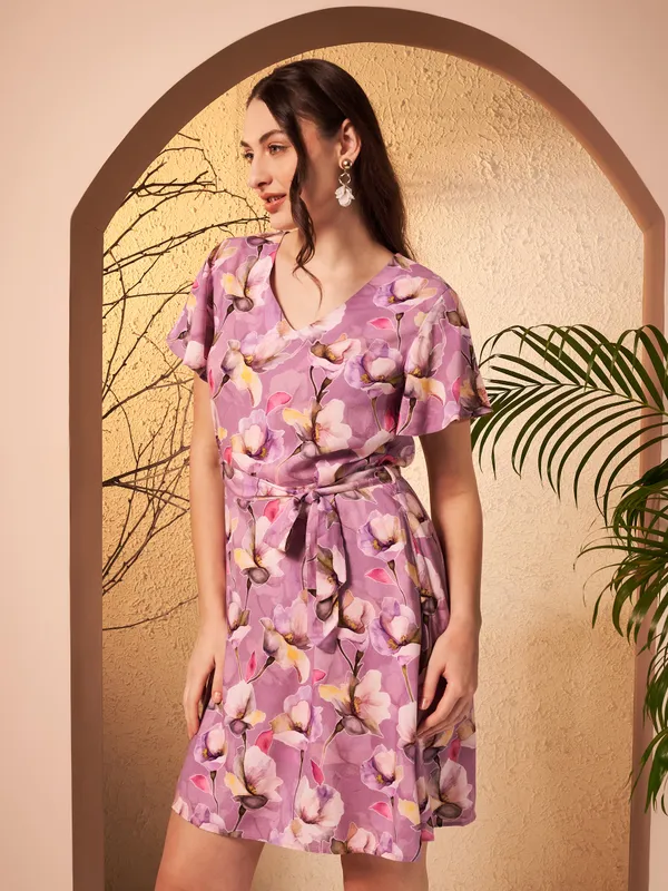 Purple_Floral_Print_Tie_Waist_Dress_For_Women