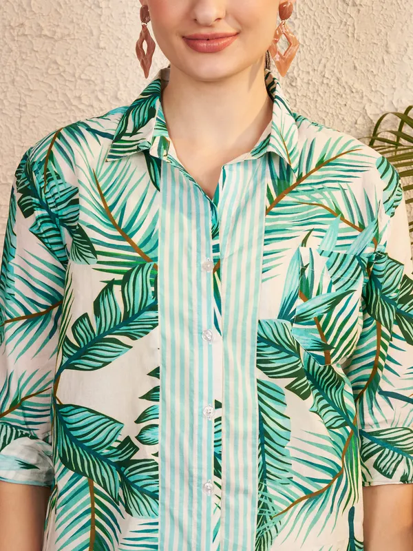 White_Green_Tropical_Print_Collared_Shirt_For_Women