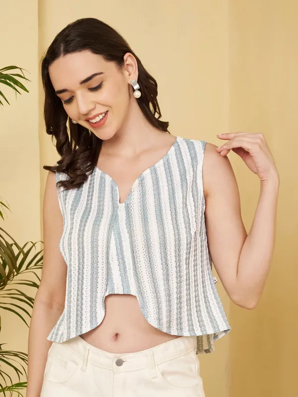 White_Striped_Sleeveless_Crop_Top_For_Women