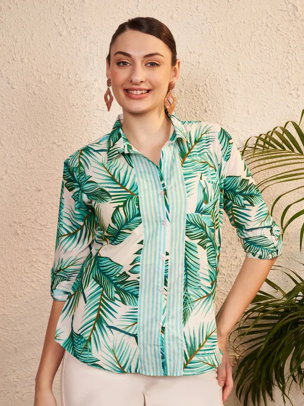 White_Green_Tropical_Print_Collared_Shirt_For_Women