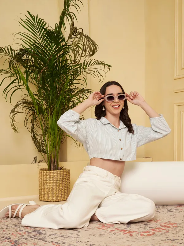 White_Striped_Cropped_Shirt_For_Women