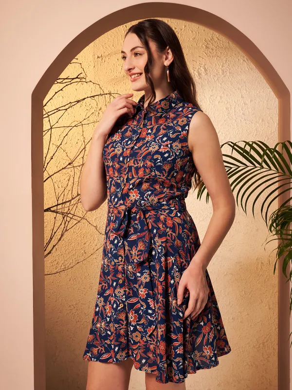 Navy_Floral_Print_Sleeveless_Shirt_Dress_For_Women