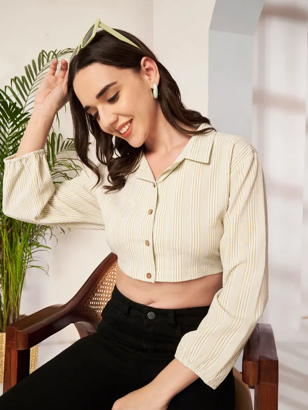 Cream_Striped_Cropped_Shirt_For_Women