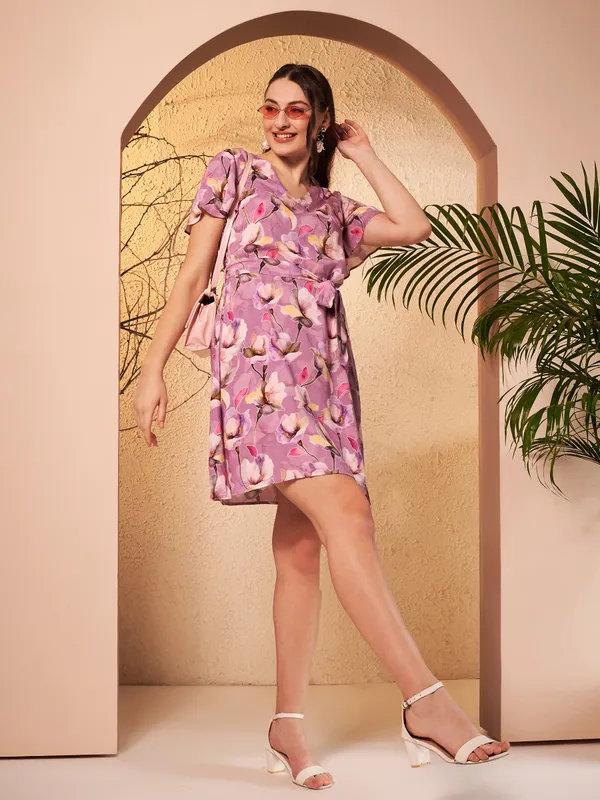 Purple_Floral_Print_Tie_Waist_Dress_For_Women