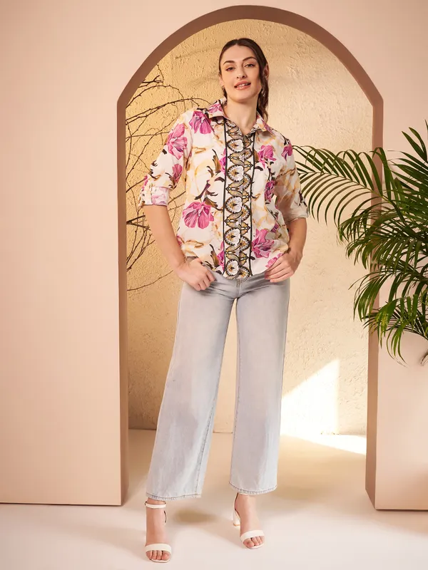 Cream_Floral_Print_Relaxed_Fit_Shirt_For_Women