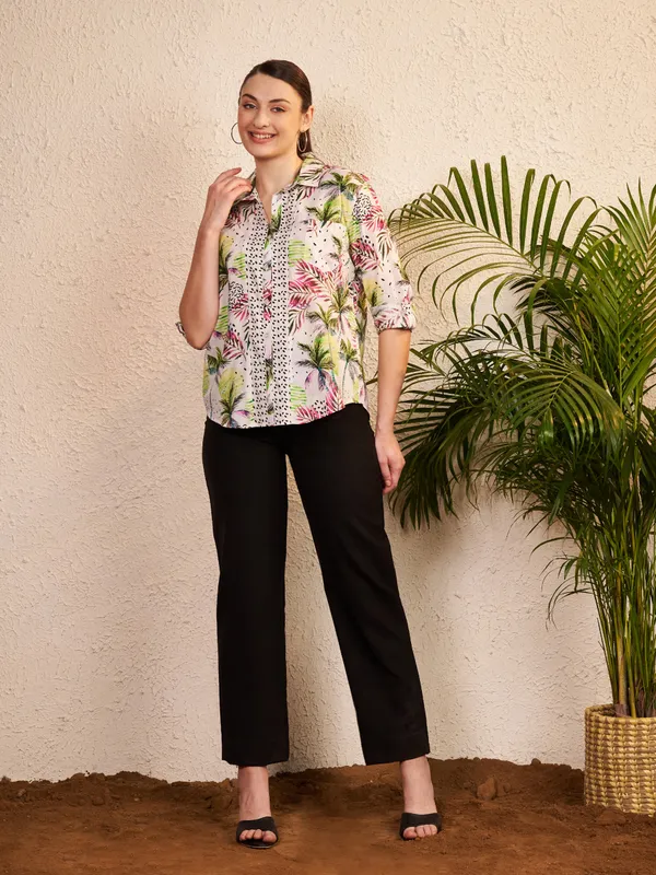 White_Multicolor_Printed_Shirt_For_Women