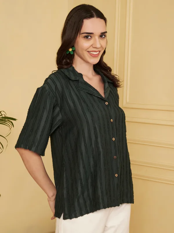 Dark_Green_Textured_Relaxed_Fit_Top_For_Women
