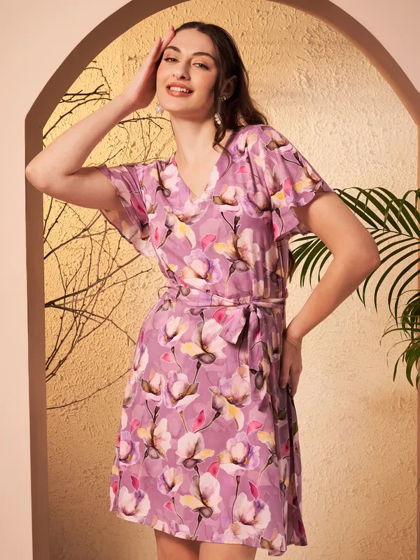 Purple_Floral_Print_Tie_Waist_Dress_For_Women