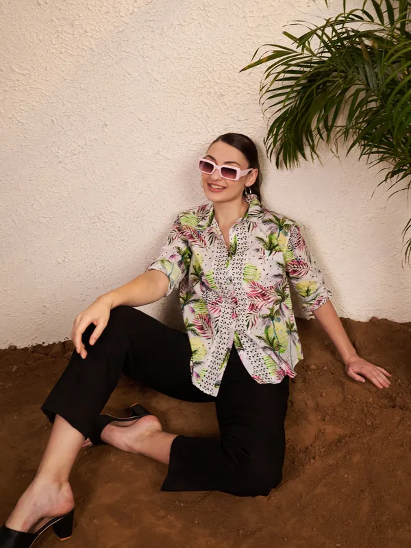White_Multicolor_Printed_Shirt_For_Women