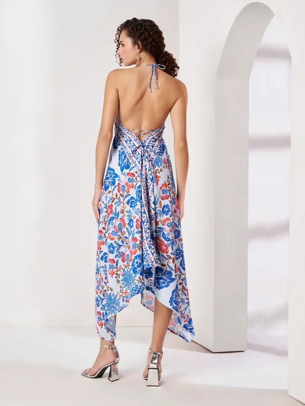 White_Floral_Print_Asymmetric_Midi_Dress_For_Women