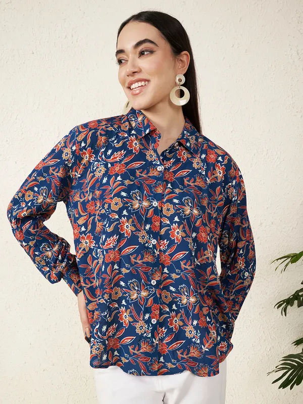 Blue_Floral_Print_Button_Down_Shirt_For_Women