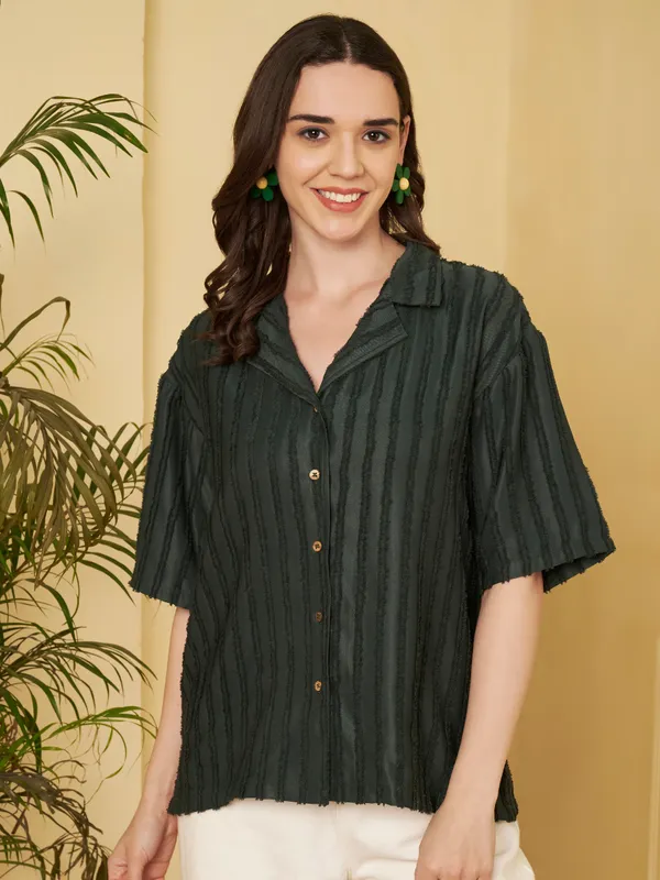 Dark_Green_Textured_Relaxed_Fit_Top_For_Women