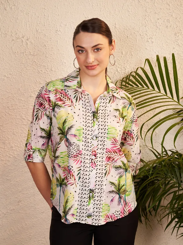 White_Multicolor_Printed_Shirt_For_Women