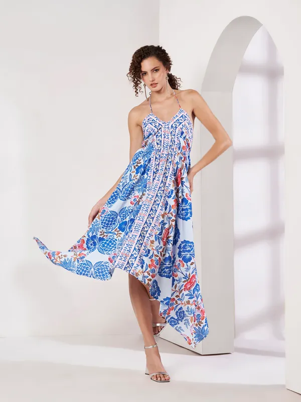 White_Floral_Print_Asymmetric_Midi_Dress_For_Women