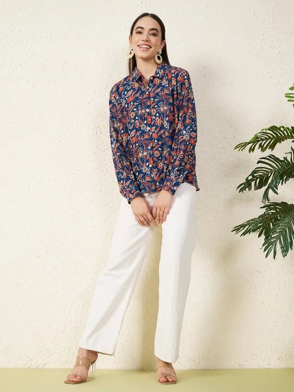 Blue_Floral_Print_Button_Down_Shirt_For_Women