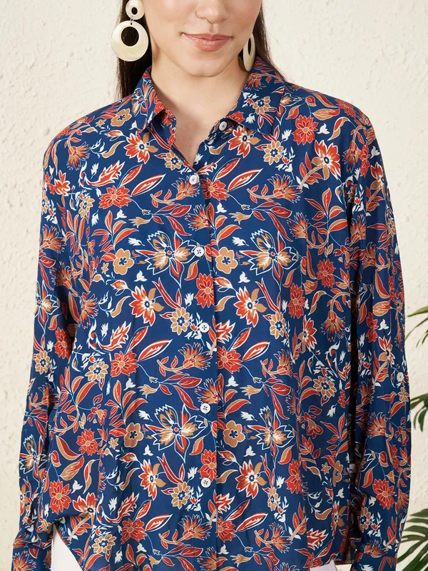 Blue_Floral_Print_Button_Down_Shirt_For_Women