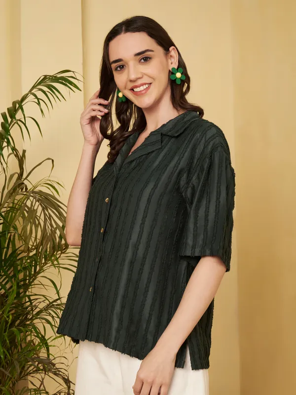 Dark_Green_Textured_Relaxed_Fit_Top_For_Women