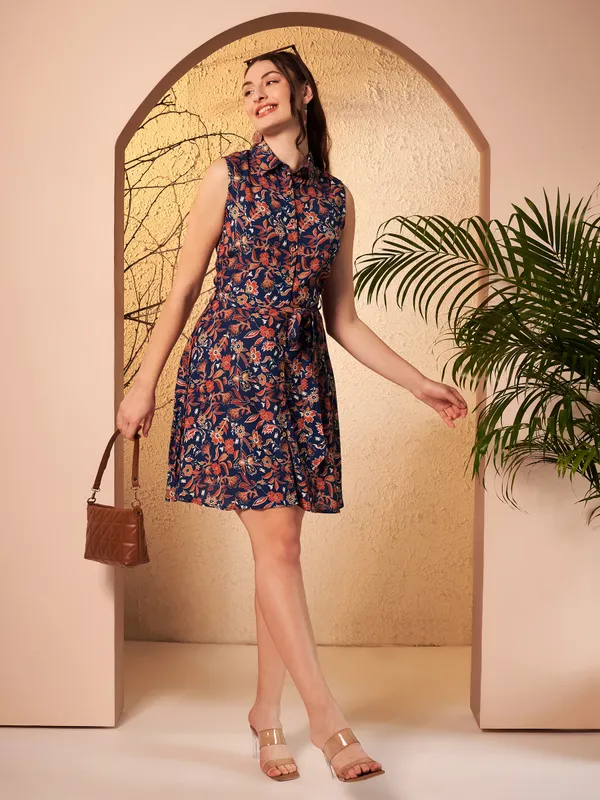 Navy_Floral_Print_Sleeveless_Shirt_Dress_For_Women