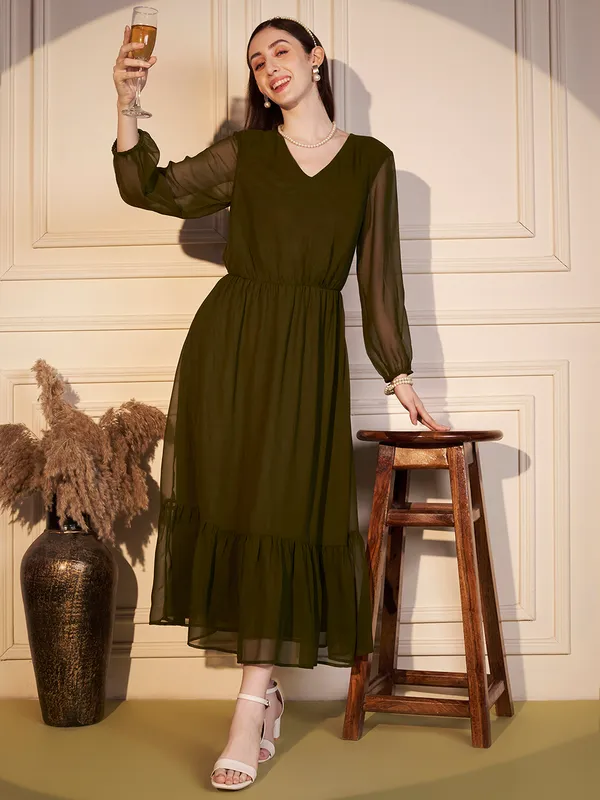 Olive_Sheer_Sleeve_Tiered_Midi_Dress_For_Women