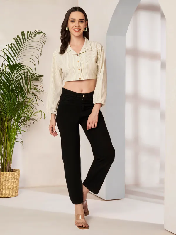 Cream_Striped_Cropped_Shirt_For_Women
