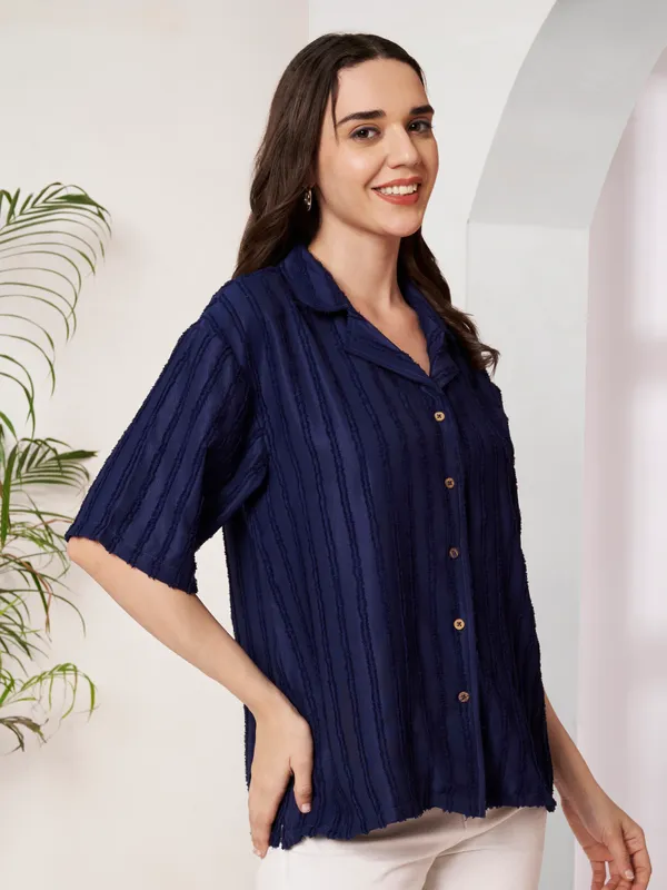 Navy_Relaxed_Fit_Button-Down_Shirt_For_Women