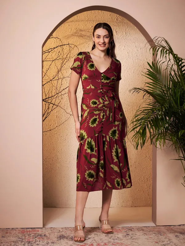 Maroon_Floral_Print_Tie_Waist_Midi_Dress_For_Women
