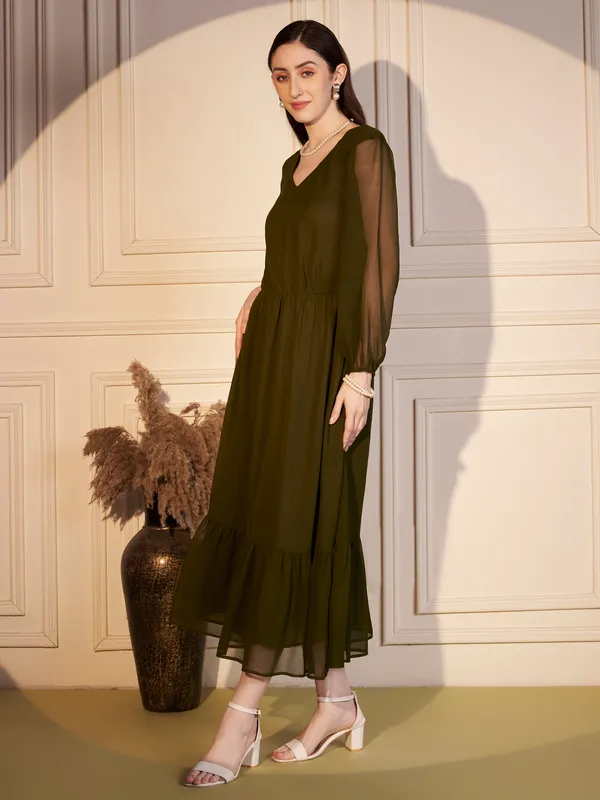 Olive_Sheer_Sleeve_Tiered_Midi_Dress_For_Women