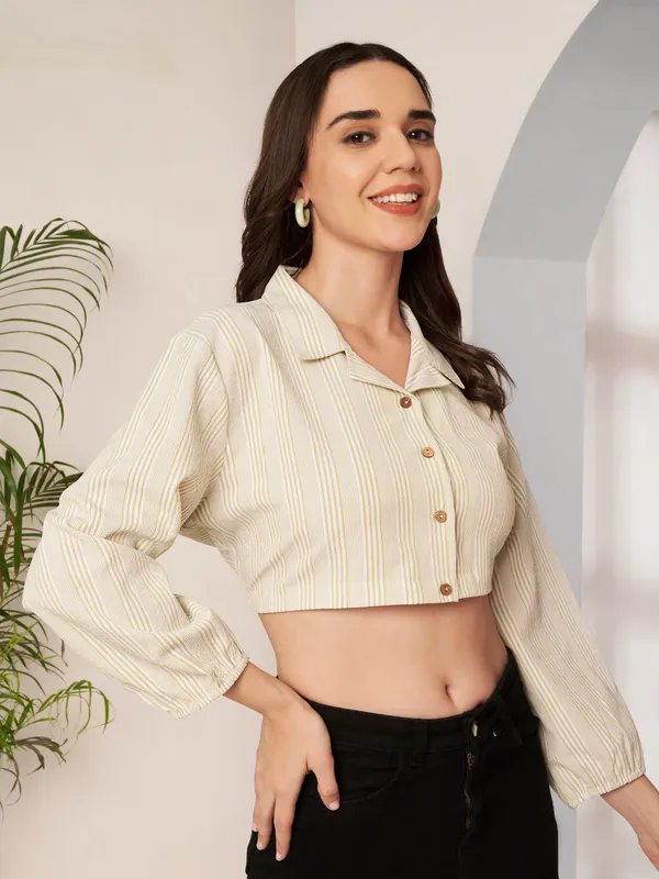 Cream_Striped_Cropped_Shirt_For_Women