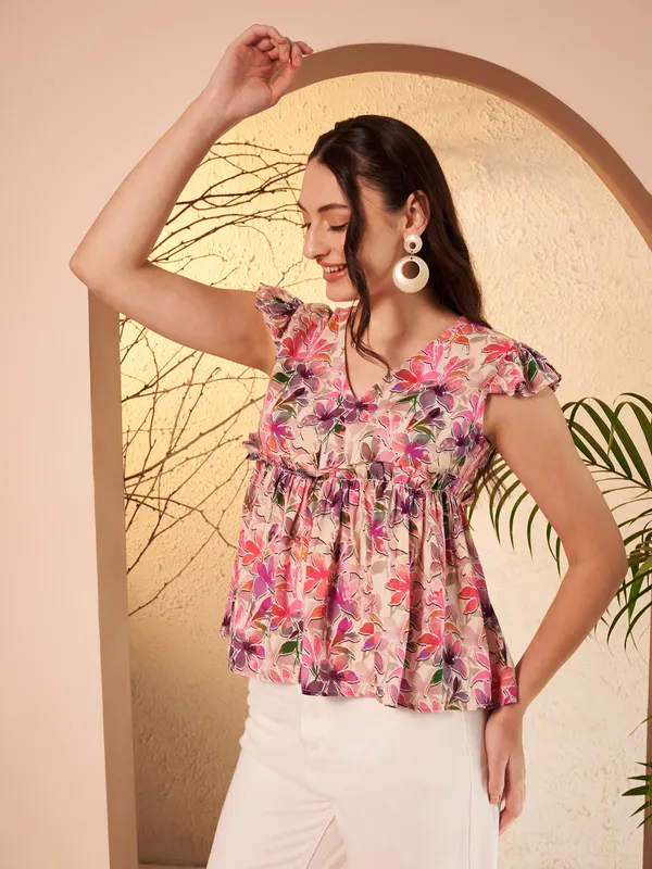 Pink_Floral_Print_Flared_Top_For_Women