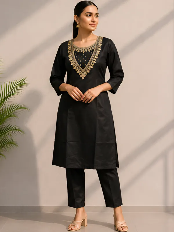 Black_Embroidered_Straight_Kurta_Set_For_Women