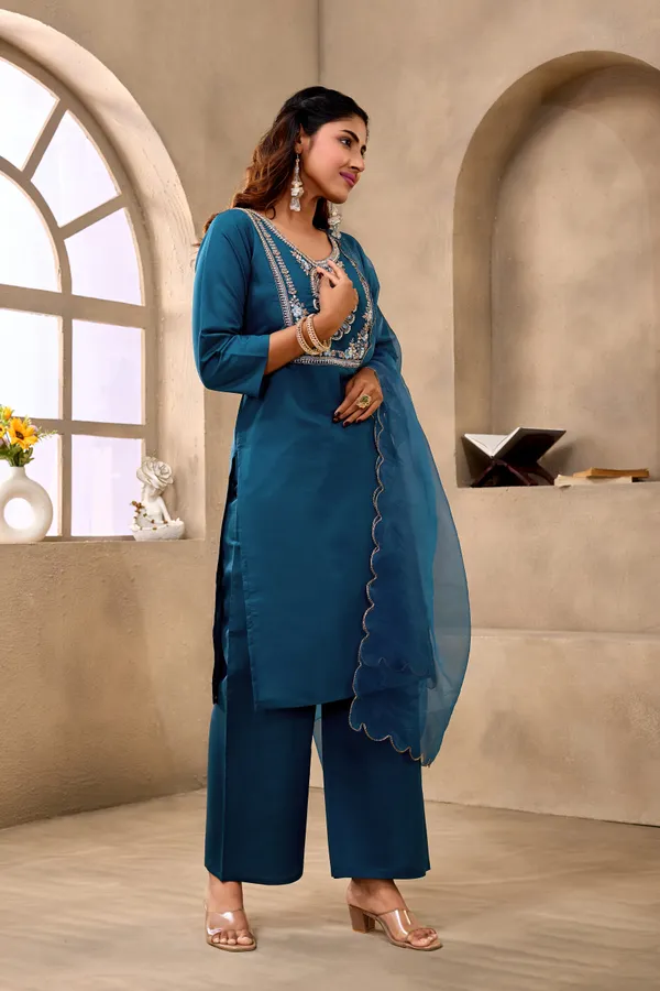 Teal_Embroidered_Straight_Kurta_Set_For_Women