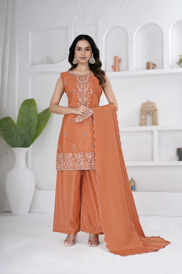 Rust_Embroidered_Kurta_Set_For_Women
