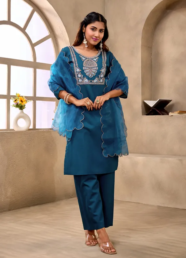 Teal_Embroidered_Straight_Kurta_Set_For_Women