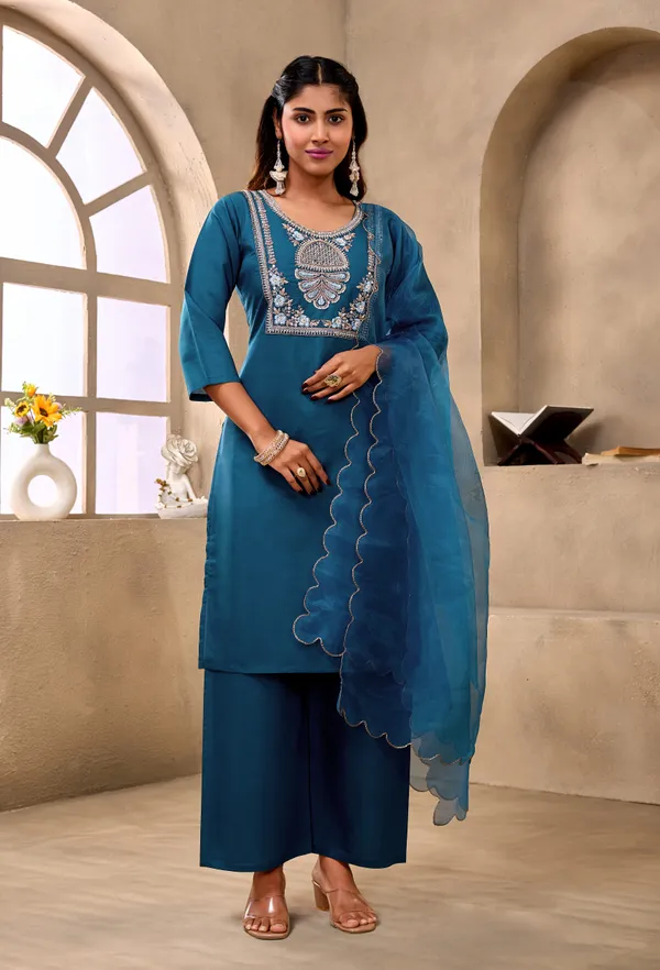 Teal_Embroidered_Straight_Kurta_Set_For_Women