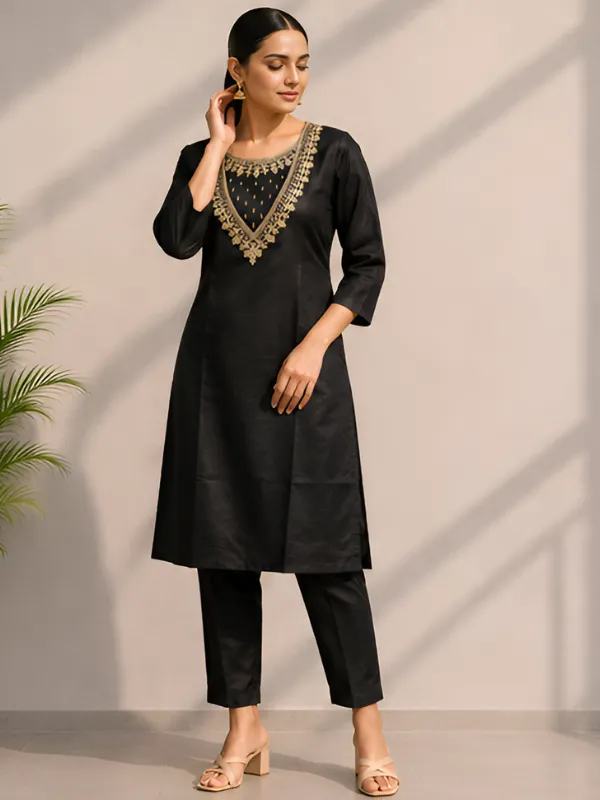 Black_Embroidered_Straight_Kurta_Set_For_Women