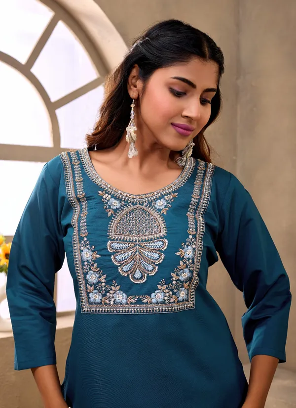 Teal_Embroidered_Straight_Kurta_Set_For_Women