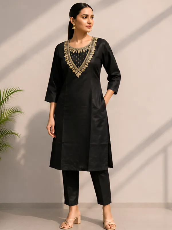 Black_Embroidered_Straight_Kurta_Set_For_Women